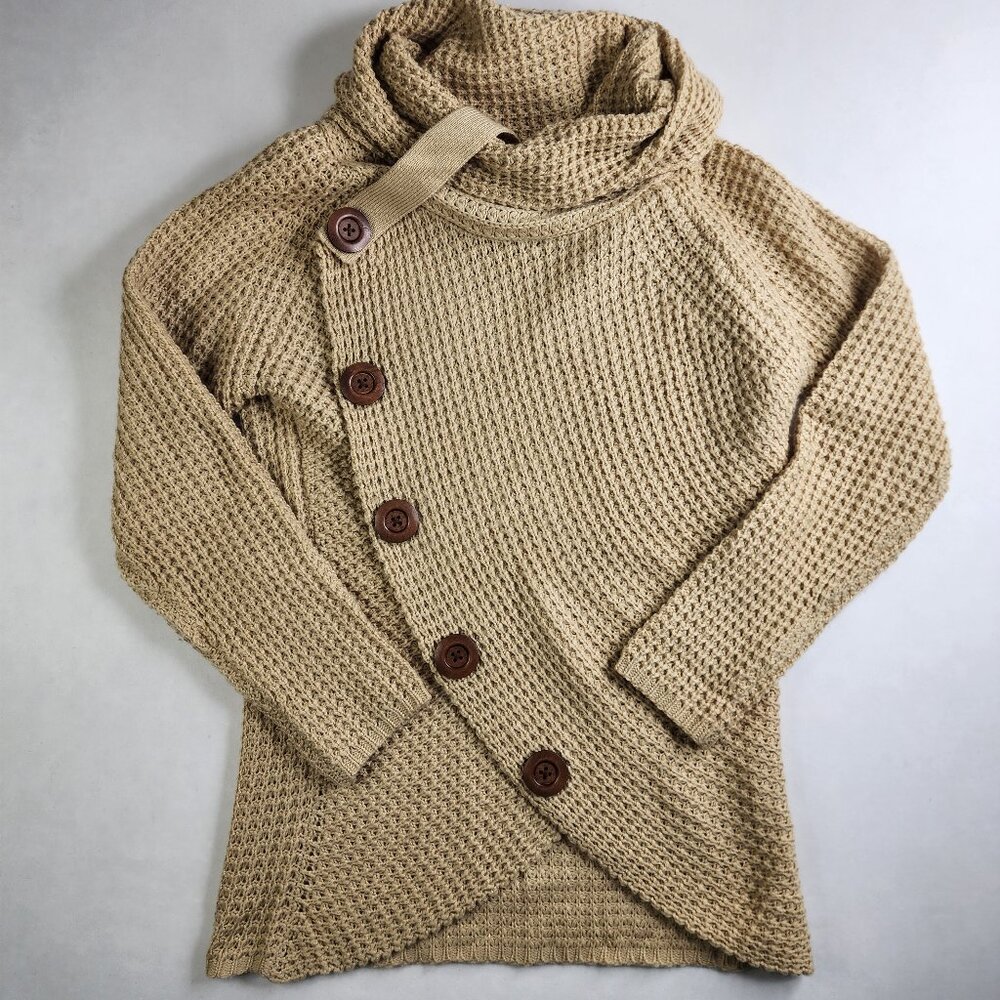 Grecerelle Cowl Neck Women's Small Asymmetric Wrap Sweater Chunky Pullover Tan